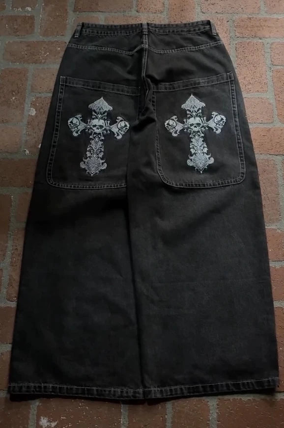 Gothic Halloween Scythe Grim Reaper Hip Hop Streetwear Jeans Men Women Retro Punk Print Traight Wide-leg Black Baggy Denim Pants