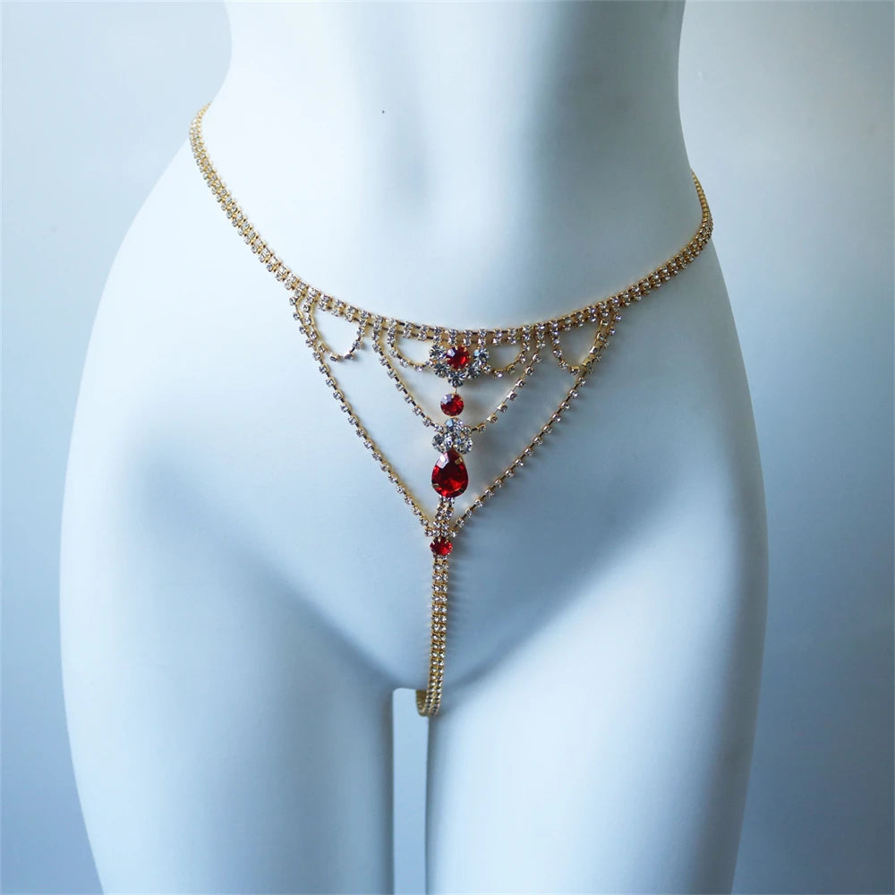 Europe America Ruby Red Mixed White Bikini Body Chain Trendy Summer Rhinestone Nail Pants Waist Chain Underwear Accessories