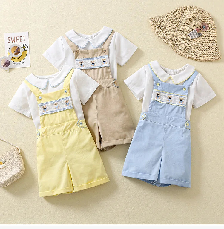 Ins Handmade Baby Boys' Clothes New British Wind Cotton Short-sleeved Shirt Embroidered Bear Clothes Baby Boys Boutique Suits