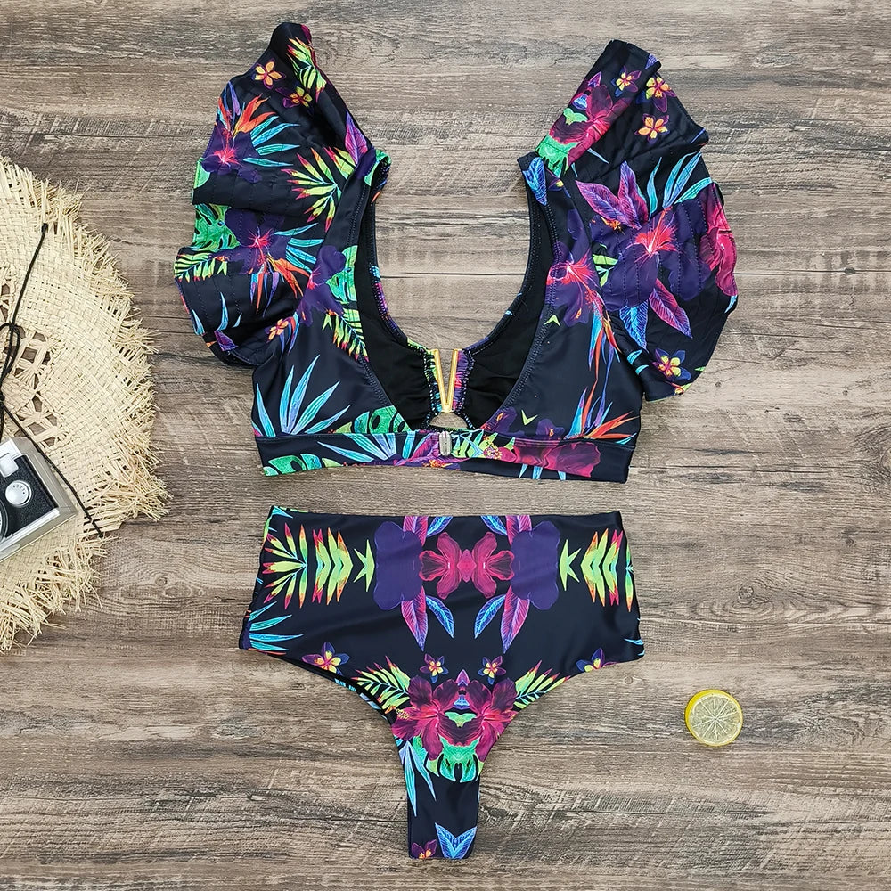 New Sexy Brazilian Bikini Set Ruffle Swimwear Women Push Up Swimsuit High Waist Print Floral Bathing Suit Biquini Female