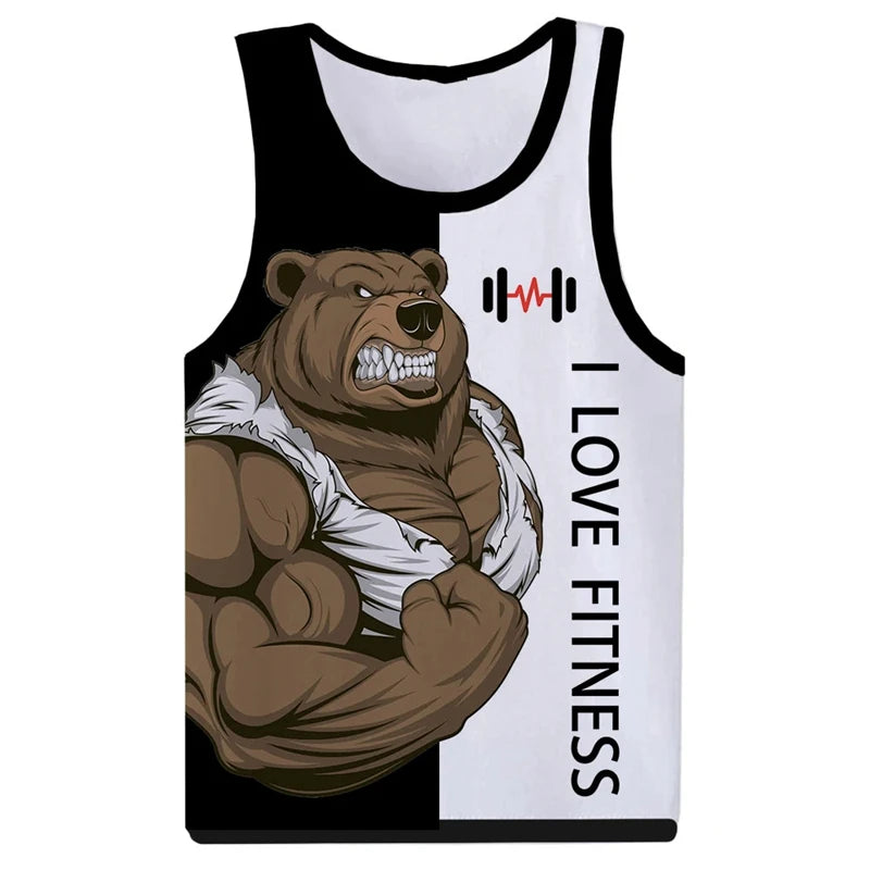 I Love Fitness Tank Tops Animal Letter 3D Print Men's Streetwear Hip Hop Oversized Gym Vest Harajuku Sleeveless Top Man Clothing