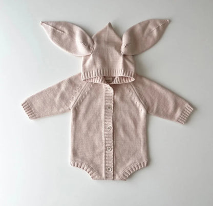 Bunny Ear Hooded Knit Baby Romper