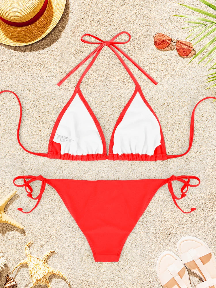 2Pcs Sexy Bikini Swimsuit For Women Solid Color Swimwear Summer Bathing Suits Females Backless Beachwear Halter Swimwear