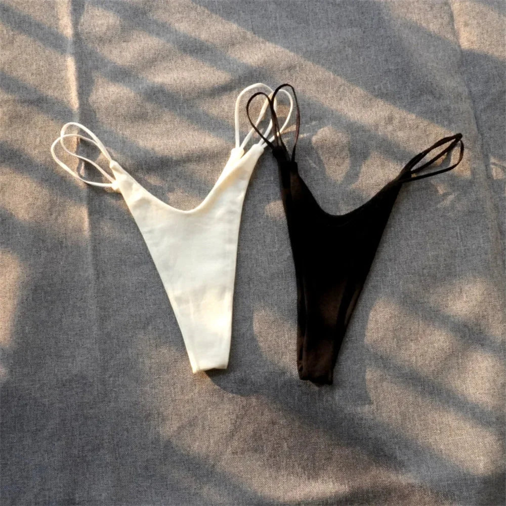 2PCS Sexy High Cut Double-layer Cotton Thong Women's Bikini Bottom Brief G-string Underwear with Elastic Thin Double Belt