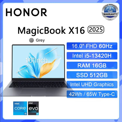 HONOR MagicBook X16 2025 Laptop Intel Core i5-13420H i7-13620H RAM 16GB SSD 512GB 1TB 16"Inch FHD Notebook Ultrabook Computer PC