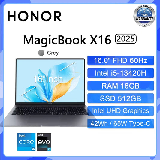 HONOR MagicBook X16 2025 Laptop Intel Core i5-13420H i7-13620H RAM 16GB SSD 512GB 1TB 16"Inch FHD Notebook Ultrabook Computer PC