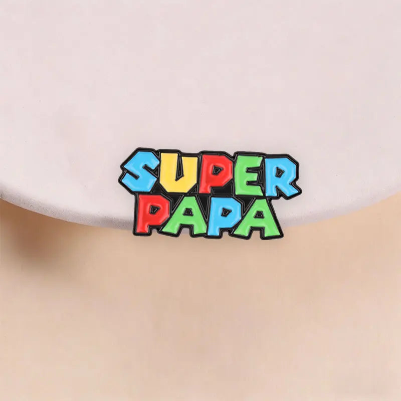 Super Papa Cartoon Enamel Pin Retro Video Game Colorful Block Letter Brooch Bag Lapel Badge Father's Day Jewelry Gift for Dad