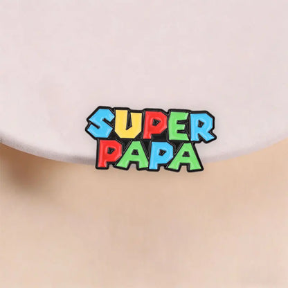 Super Papa Cartoon Enamel Pin Retro Video Game Colorful Block Letter Brooch Bag Lapel Badge Father's Day Jewelry Gift for Dad
