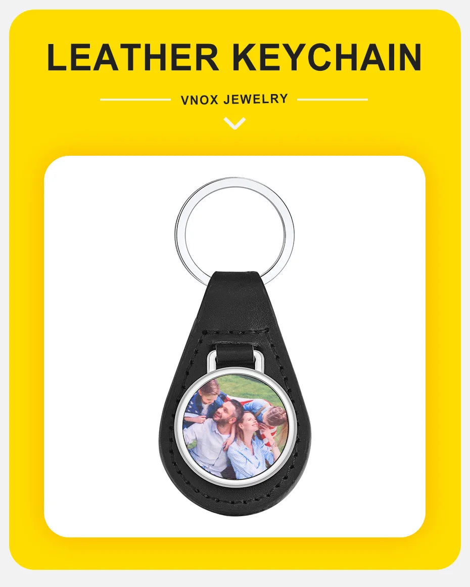 Vnox Custom Fathers Day Gift for Dad Grandpa, Black PU Leather Keychains with Custimized Photo Image Metal Plate Key Chain