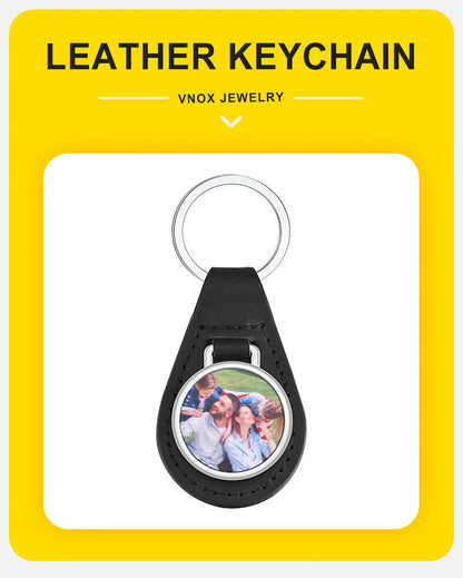 Vnox Custom Fathers Day Gift for Dad Grandpa, Black PU Leather Keychains with Custimized Photo Image Metal Plate Key Chain