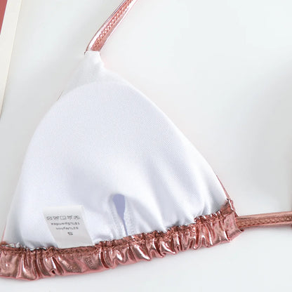 Sexy Shiny Pu Faux Leather Bikini 2025 Women Swimwear Female Swimsuit Two-pieces Bikini set String Bather Bathing Suit Swim Lady