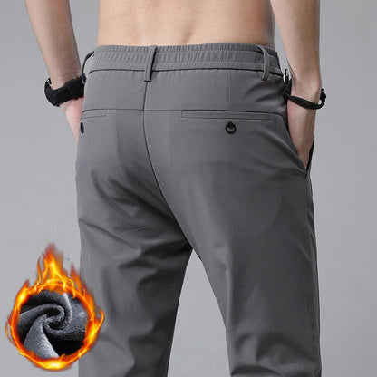 Korean Men's Warm Golf Pants Slim Straight Winter Thick Fleece Casual Pants Business Fashion Stretch Thermal Trousers Male