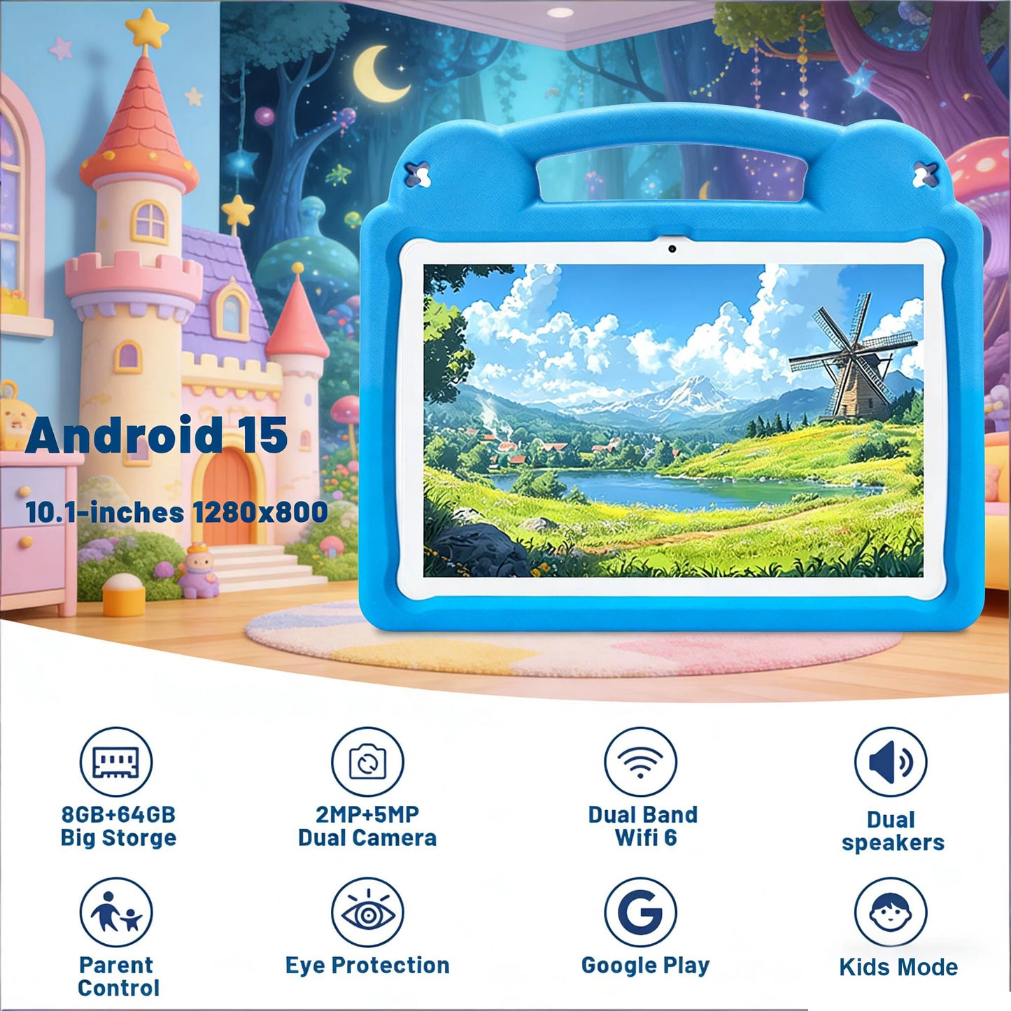 ANRY R16Pro Kids Tablet 10 Inch Android 15 Tablet 8GB(3+5GB) 64GB ROM Dual Camera Learning Education Tablet PC Gift for Children