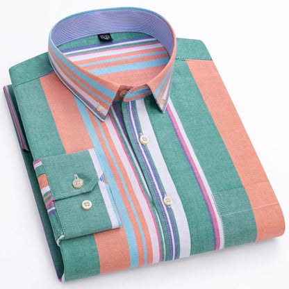 Men's Oxford Long Sleeve Shirt 100% Cotton Wrinkle Resistant & Breathable, Solid Plaid Striped Comfort Casual Button-down Shirts