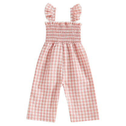 2025 Baby Girl Clothes Girl Cotton Overalls Ruffle Sleeve Strappy Gingham Checkered Romper Casual Loose Pants Outfit 0-4Y