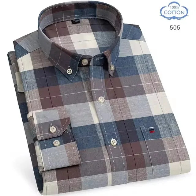 100% Pure Cotton Oxford Shirts for Men Long Sleeve Plaid Shirt Striped Male Business Checked Red Shirt Mans Designer Clothes 7XL