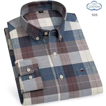 100% Pure Cotton Oxford Shirts for Men Long Sleeve Plaid Shirt Striped Male Business Checked Red Shirt Mans Designer Clothes 7XL