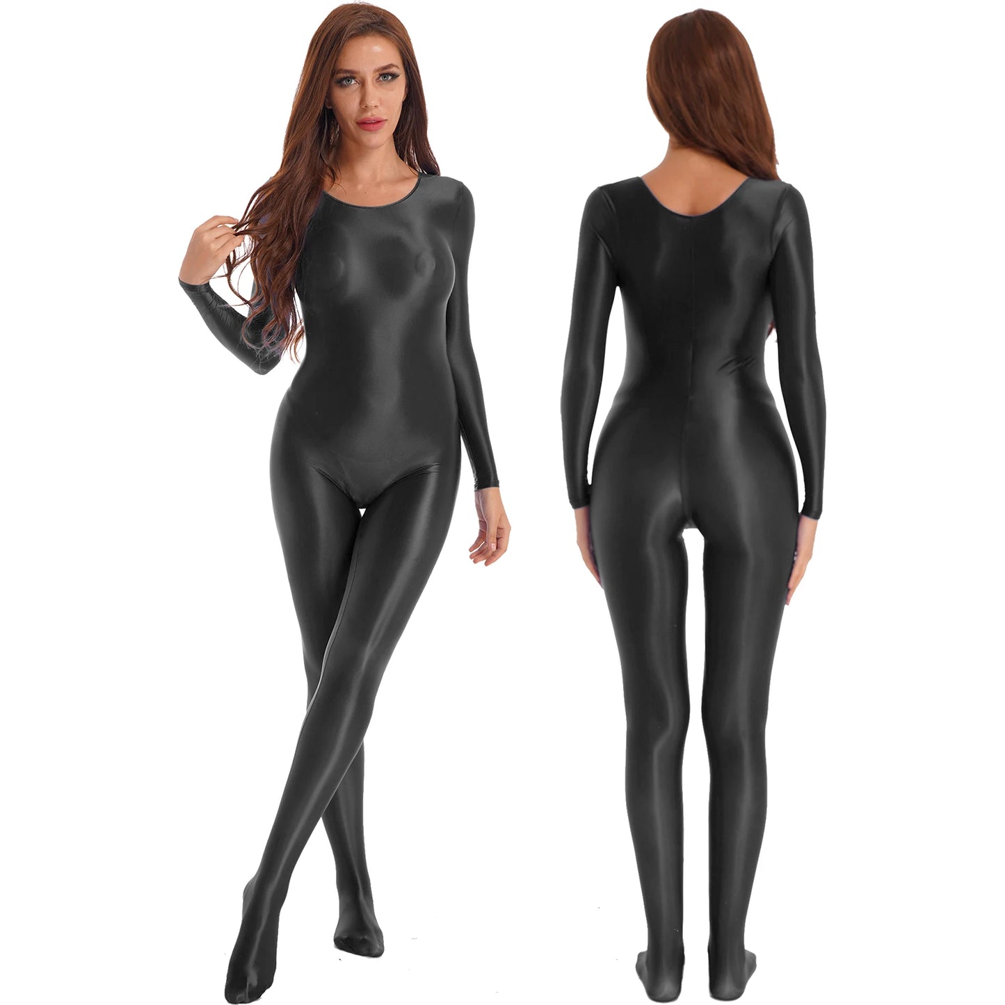 Women Oil Shiny Long Sleeve Pantyhose Jumpsuit Bodystocking Yoga Gymnastics Shapewear One-Piece Swimsuit Catsuit Glossy Bodysuit