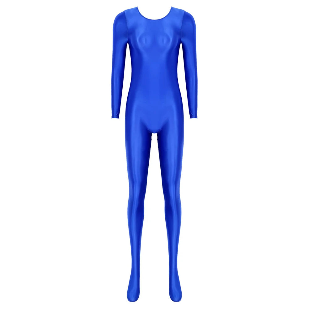 Women Oil Shiny Long Sleeve Pantyhose Jumpsuit Bodystocking Yoga Gymnastics Shapewear One-Piece Swimsuit Catsuit Glossy Bodysuit