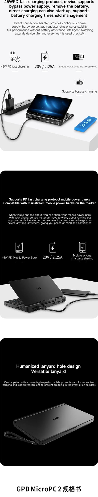 GPD Micro PC 2 Handheld Mini Notebook 7 Inch Touch Screen N300 16GB RAM 512GB SSD Windows 11 Portable Palm Size Laptop