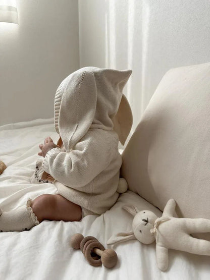Bunny Ear Hooded Knit Baby Romper