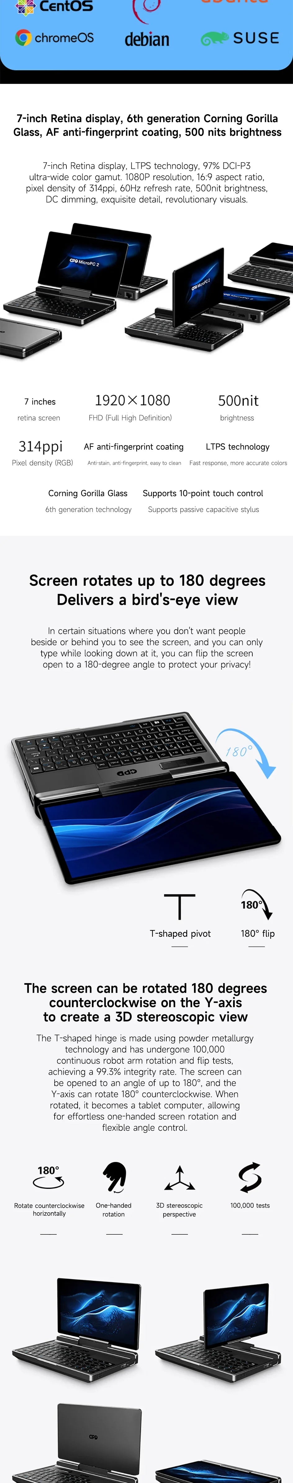GPD Micro PC 2 Handheld Mini Notebook 7 Inch Touch Screen N300 16GB RAM 512GB SSD Windows 11 Portable Palm Size Laptop
