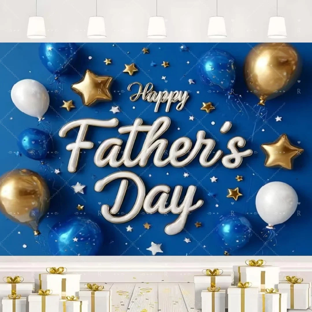 Happy Father's Day Family Party Decoration Background Feliz Día del Padre Golden Blue Balloon Backdrop for Man Tuxedo I Love Dad