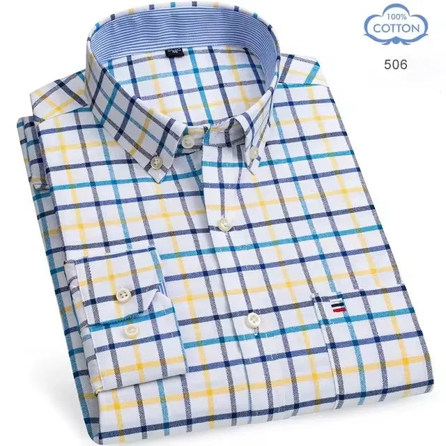 100% Pure Cotton Oxford Shirts for Men Long Sleeve Plaid Shirt Striped Male Business Checked Red Shirt Mans Designer Clothes 7XL