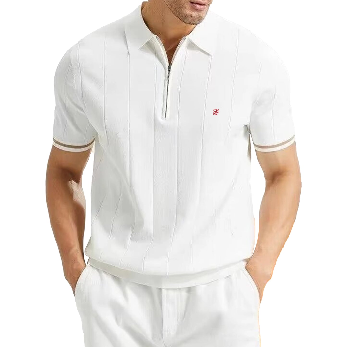 CH Men's Knitted Polo Shirt Half Zipper Lapel Short Sleeve Solid Color Casual Business Summer Breathable Top Tee