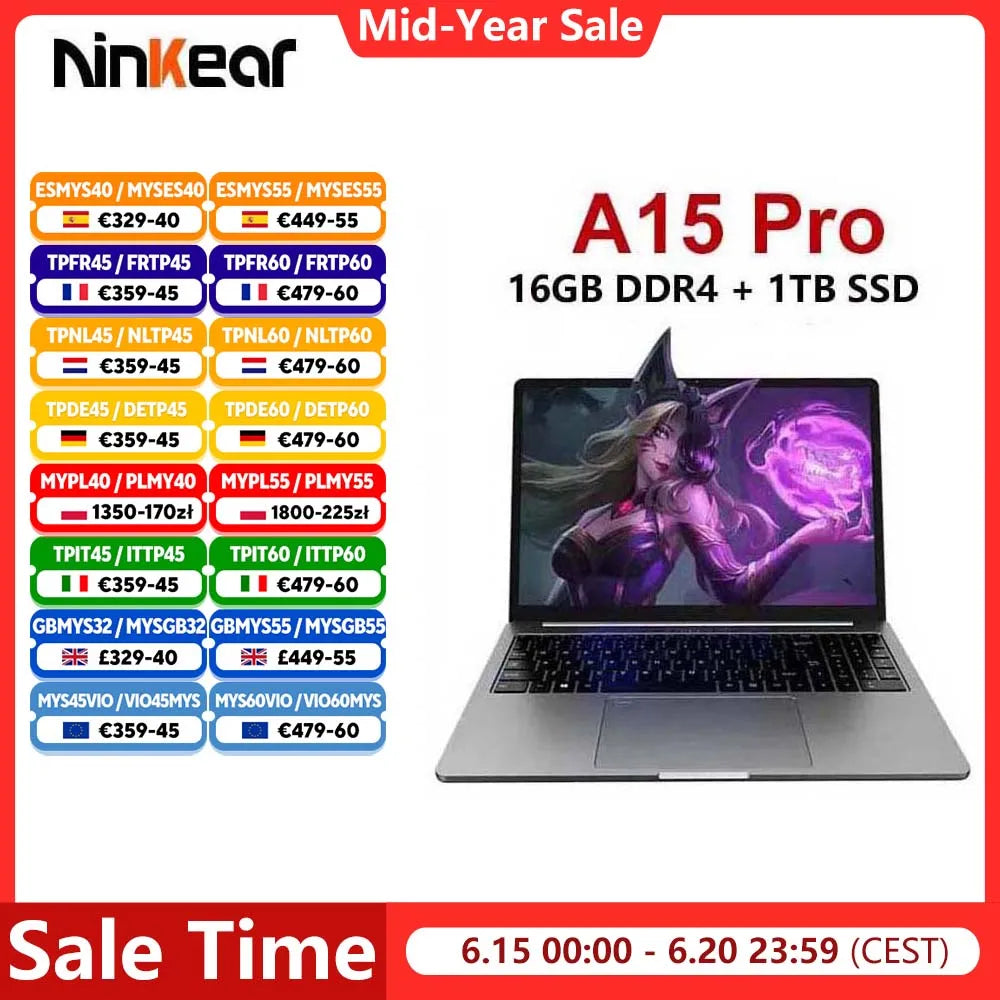 Ninkear A15 Pro Laptop 16GB 1TB AMD Ryzen 5 16 inch 120Hz 2560*1600 Display Screen Fingerprint Unlock Notebook Computer
