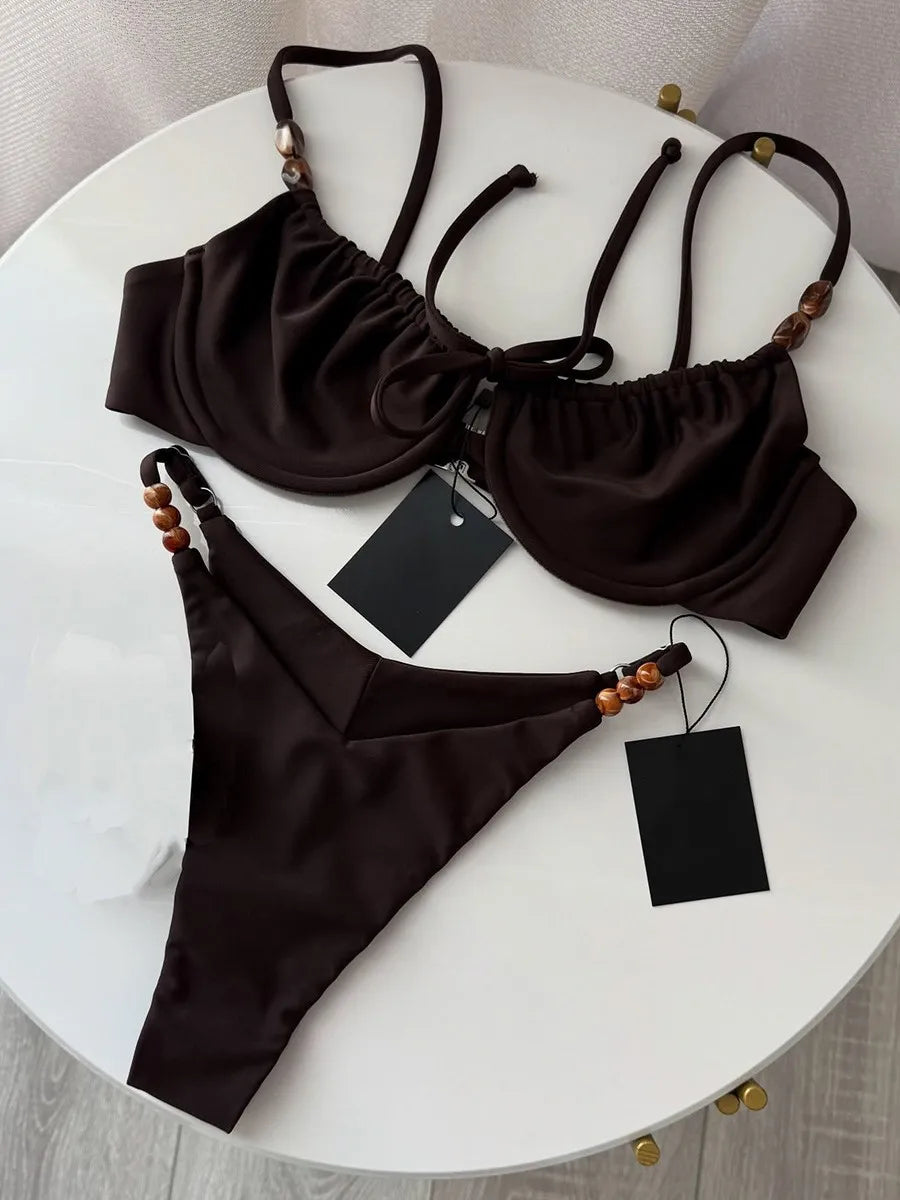 2026 New Sexy Underwire Padded Swimsuit Lace-up Micro Bikini Set Beachwear Female Push Up Low Waist Biquini Bead Decor Swimwear