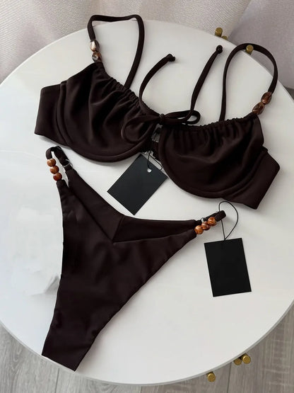 2026 New Sexy Underwire Padded Swimsuit Lace-up Micro Bikini Set Beachwear Female Push Up Low Waist Biquini Bead Decor Swimwear