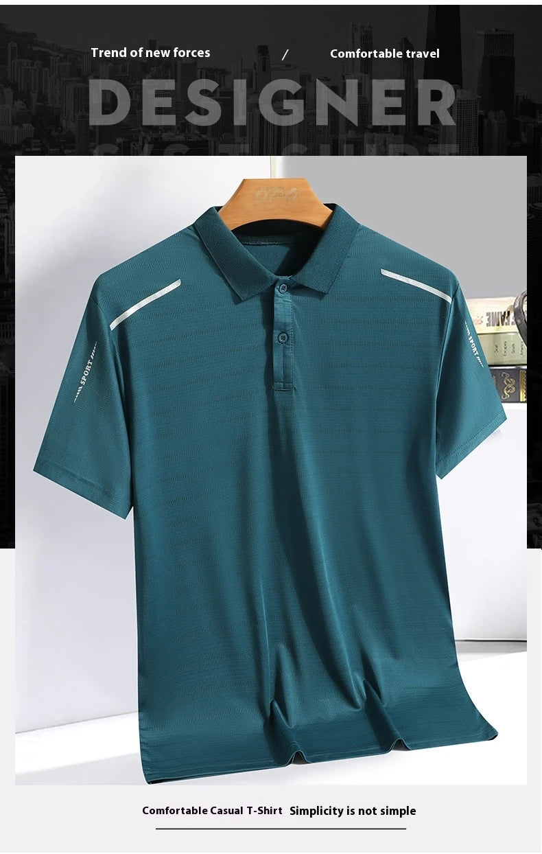 Summer Ice Silk Polo Top Short sleeved Polo Collar Quick Drying Sports Shirt Trendy and Fashionable Thin Breathable T-shirt