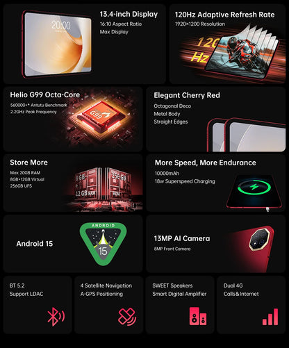 Teclast T65 Plus Android 15 Tablet 13.4" 120Hz IPS 20GB RAM(8GB+12GB) 256GB ROM 10000mAh Dual 4G TLE GPS 13MP AI Camera T65Plus