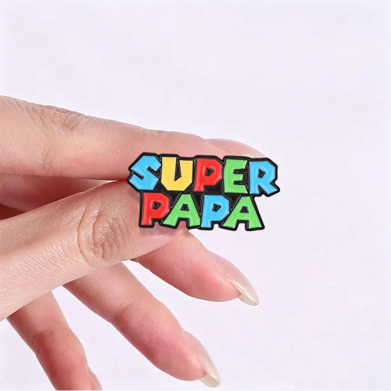 Super Papa Cartoon Enamel Pin Retro Video Game Colorful Block Letter Brooch Bag Lapel Badge Father's Day Jewelry Gift for Dad