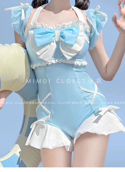 Japanese Lolita Girls Bow Cute Water Blue Swimsuit Hot Spring Bathing Swimwear Japanese Style Women One Peice Swimming Suit