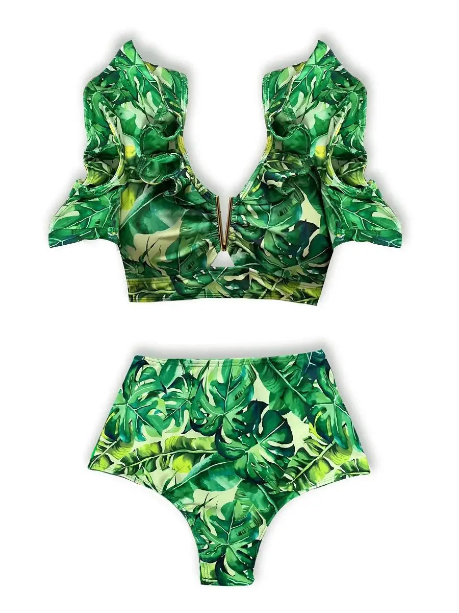 New Sexy Brazilian Bikini Set Ruffle Swimwear Women Push Up Swimsuit High Waist Print Floral Bathing Suit Biquini Female