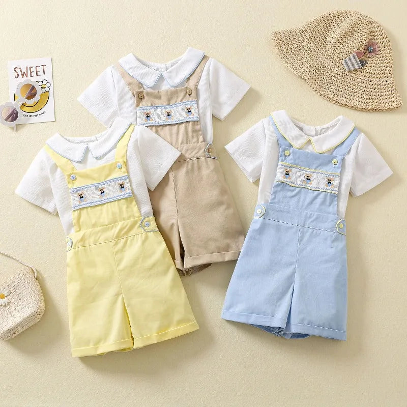 Ins Handmade Baby Boys' Clothes New British Wind Cotton Short-sleeved Shirt Embroidered Bear Clothes Baby Boys Boutique Suits