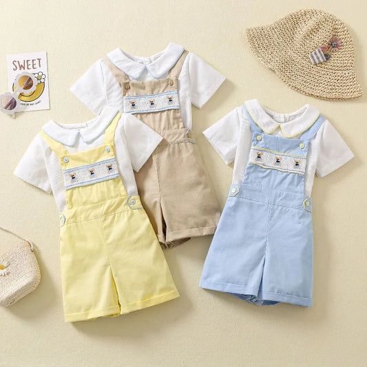 Ins Handmade Baby Boys' Clothes New British Wind Cotton Short-sleeved Shirt Embroidered Bear Clothes Baby Boys Boutique Suits
