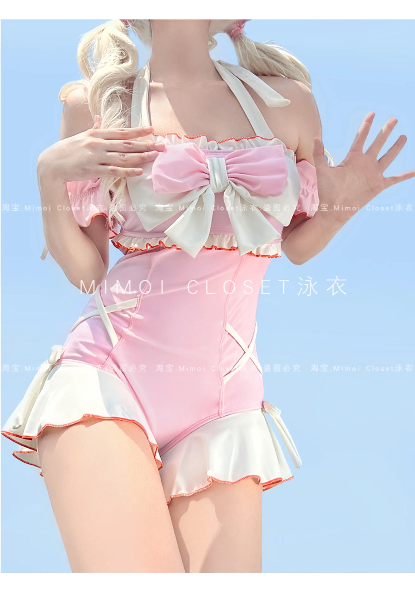 Japanese Lolita Girls Bow Cute Water Blue Swimsuit Hot Spring Bathing Swimwear Japanese Style Women One Peice Swimming Suit