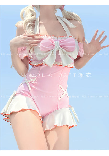 Japanese Lolita Girls Bow Cute Water Blue Swimsuit Hot Spring Bathing Swimwear Japanese Style Women One Peice Swimming Suit