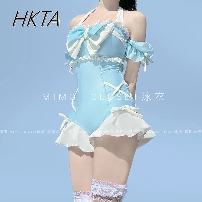 Japanese Lolita Girls Bow Cute Water Blue Swimsuit Hot Spring Bathing Swimwear Japanese Style Women One Peice Swimming Suit
