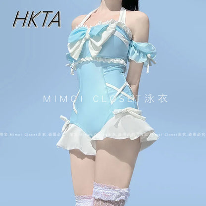 Japanese Lolita Girls Bow Cute Water Blue Swimsuit Hot Spring Bathing Swimwear Japanese Style Women One Peice Swimming Suit