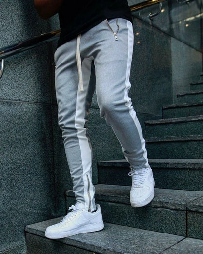 Mens Training Pants Plaid GYM Track Sweatpants Grey Joggers Breathable Stripe Fitness Male Running Sport Trousers Zipper Pockets