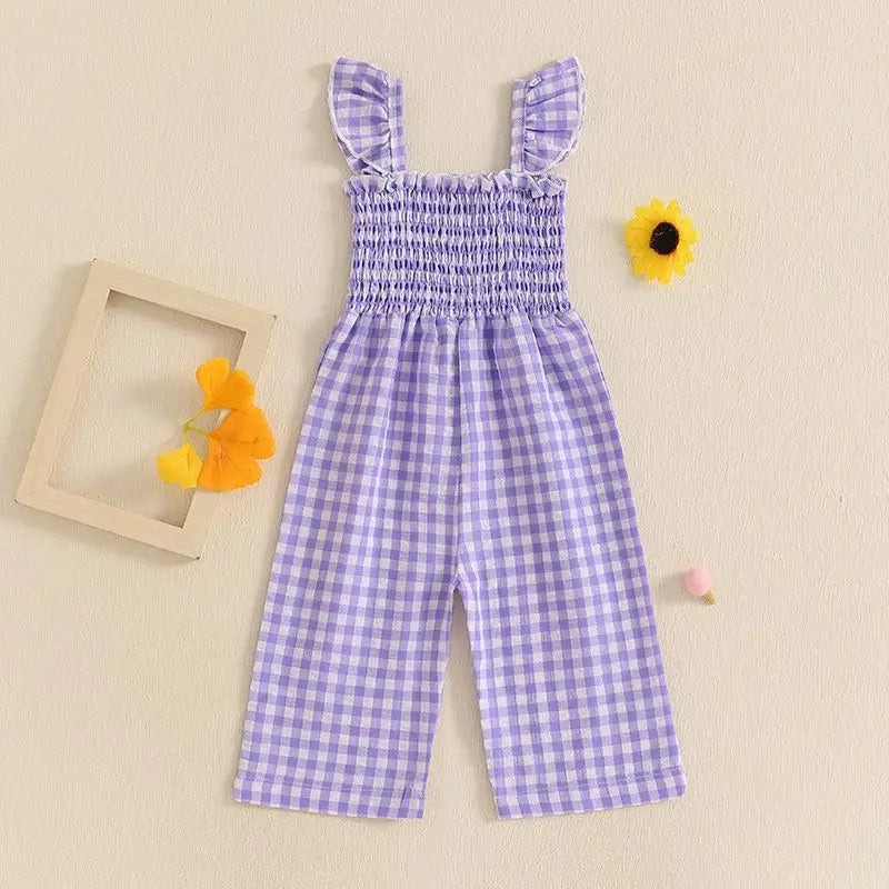 2025 Baby Girl Clothes Girl Cotton Overalls Ruffle Sleeve Strappy Gingham Checkered Romper Casual Loose Pants Outfit 0-4Y