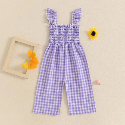 2025 Baby Girl Clothes Girl Cotton Overalls Ruffle Sleeve Strappy Gingham Checkered Romper Casual Loose Pants Outfit 0-4Y