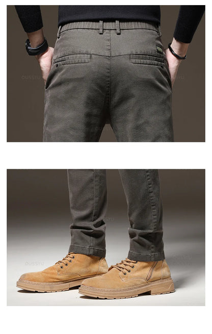 Autumn Winter High Quality Pants Men Elastic Waist Slim Coffee Twill Brand Clothing Thick Cargo Trousers Male Plus Size 28-38