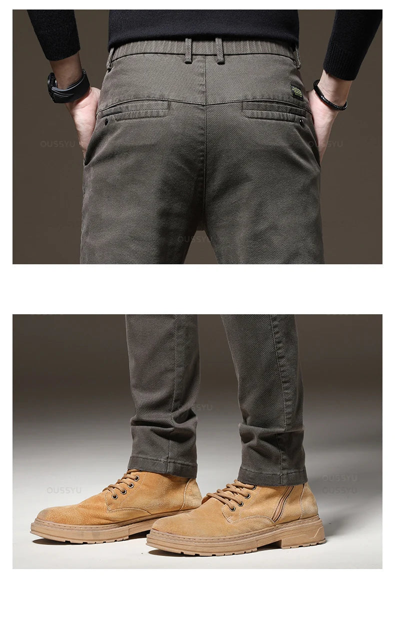 Autumn Winter High Quality Pants Men Elastic Waist Slim Coffee Twill Brand Clothing Thick Cargo Trousers Male Plus Size 28-38