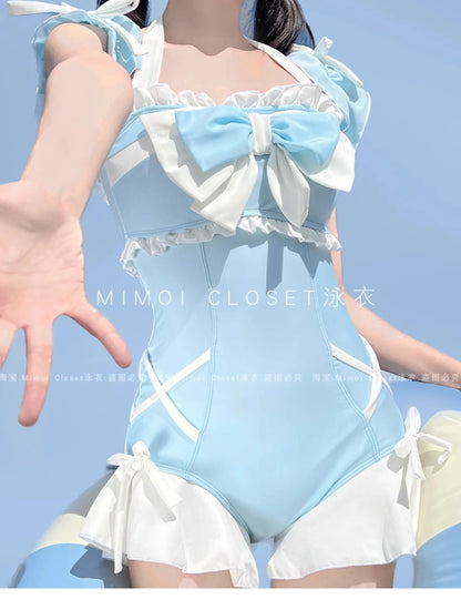 Japanese Lolita Girls Bow Cute Water Blue Swimsuit Hot Spring Bathing Swimwear Japanese Style Women One Peice Swimming Suit