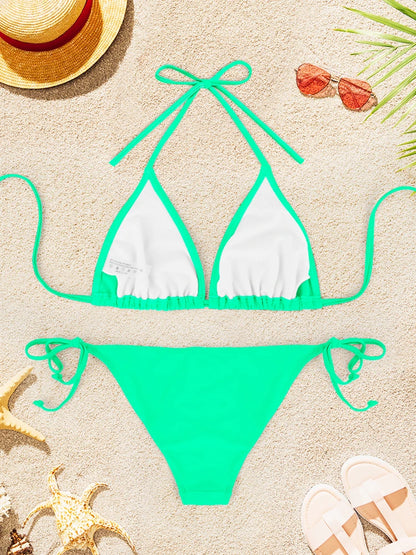 2Pcs Sexy Bikini Swimsuit For Women Solid Color Swimwear Summer Bathing Suits Females Backless Beachwear Halter Swimwear